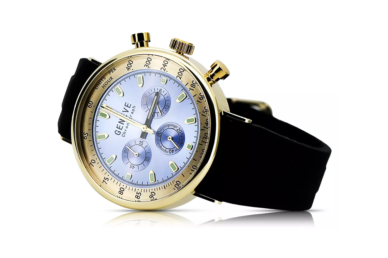 14K Montre hommes d'or, Cadran bleu, Bracelet en cuir, 40mm