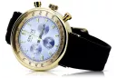 14K Montre hommes d'or, Cadran bleu, Bracelet en cuir, 40mm