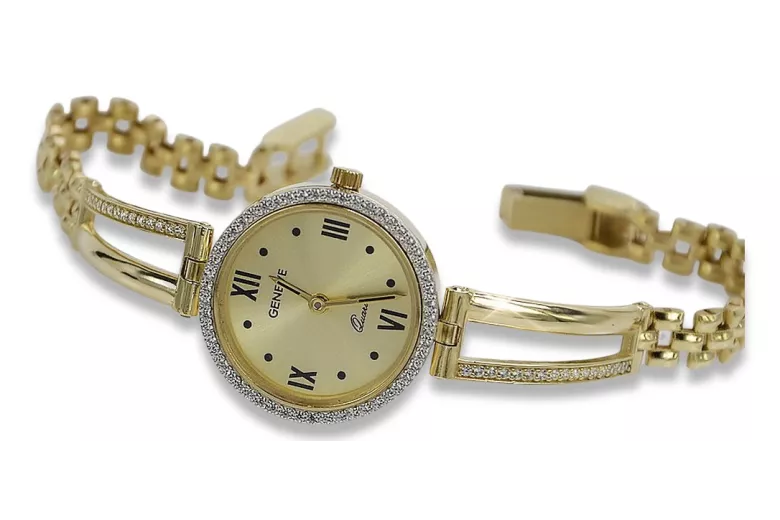 Amarillo dama de oro de 14k redondo reloj de Geneve lw075ydy