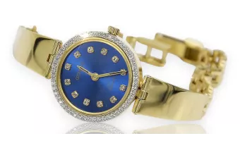 Amarillo 14k 585 dama de oro redondo línea azul Geneve reloj lw079ydbl