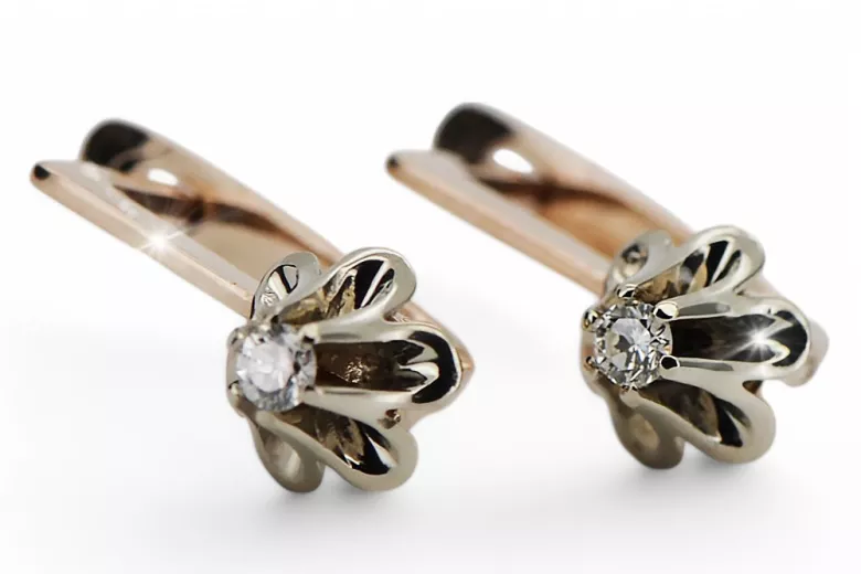 Rose pink white 14k 585 gold diamond earrings ved197rw Vintage Russian Soviet style