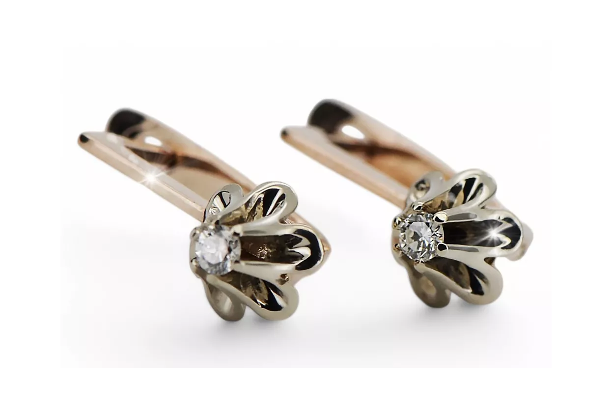 Rose pink white 14k 585 gold diamond earrings ved197rw Vintage Russian Soviet style