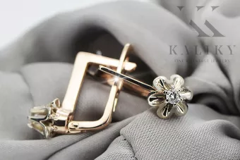 Rožinė rožinė balta 14k 585 aukso deimantiniai auskariai ved197rw Vintage rusų sovietų stilius