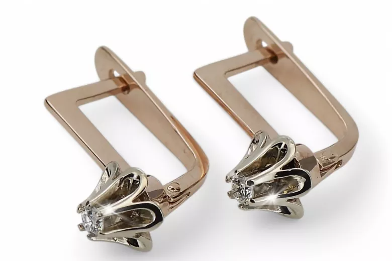 Rose pink white 14k 585 gold diamond earrings ved197rw Vintage Russian Soviet style