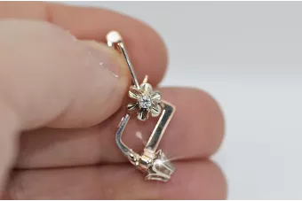 Rosa rosa blanco 14k 585 pendientes de diamante de oro ved197rw Estilo soviético ruso vintage