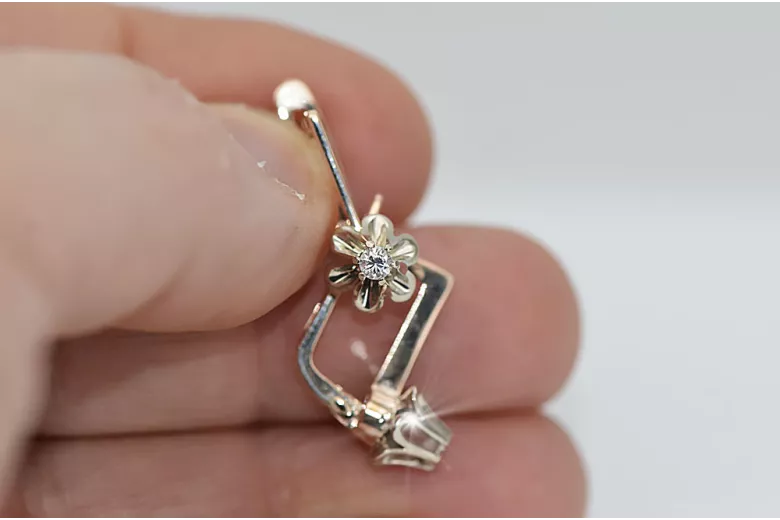 Rose pink white 14k 585 gold diamond earrings ved197rw Vintage Russian Soviet style