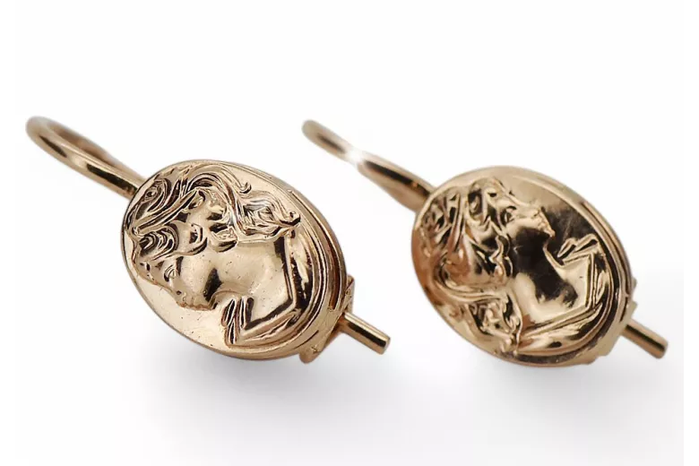 Rosa vintage rosa 14k 585 oro Vintage Cameo pendientes ven013