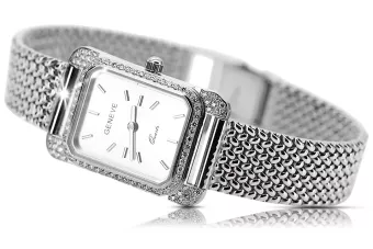 Montre-bracelet rectangulaire Lady Geneve en or blanc 14 carats 585 lw054wdw&lbw003w