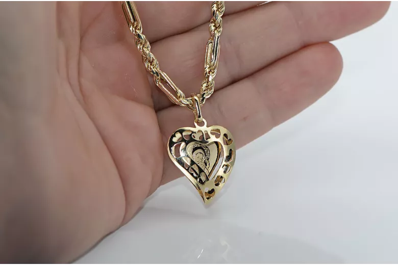 Mutter Gottes Jungfrau Maria 14k gold Anhänger & Corda Figaro Kette pm017yM&cc004y3,5mm45