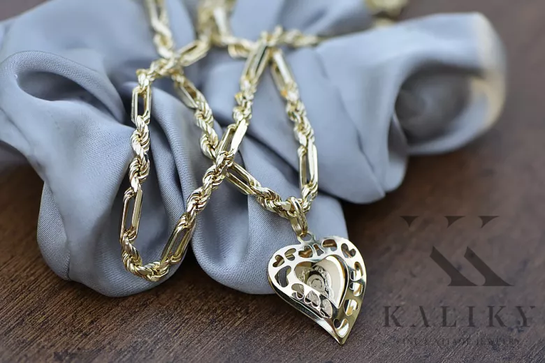 Mutter Gottes Jungfrau Maria 14k gold Anhänger & Corda Figaro Kette pm017yM&cc004y3,5mm45