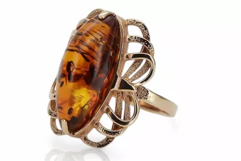 Russischer Rosé-Sowjet-Ring aus der UdSSR, rot, 585 583 Gold, Bernstein, vrab008