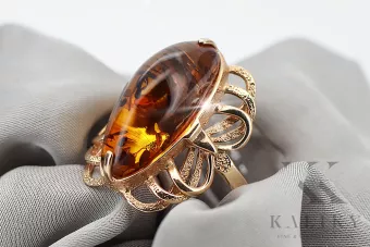 Soviet 14k 585 Zlatý ruský Ring of Pink Gold s Amber Vrab008