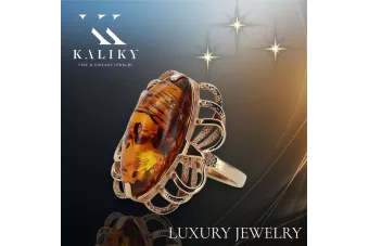 Soviet 14k 585 Zlatý ruský Ring of Pink Gold s Amber Vrab008