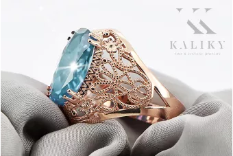 Originalus 14k rožinio aukso vintage Akvamarinas Žiedas Vintažiniai papuošalai vrc074r