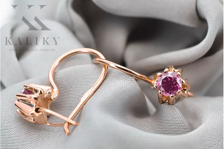 Обеци Аметист Оригинално ретро 14k розово злато Винтидж бижута vec053r