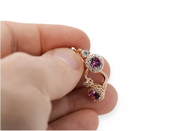 Or rose 14K Améthyste Des boucles d'oreilles Vintage cec003r