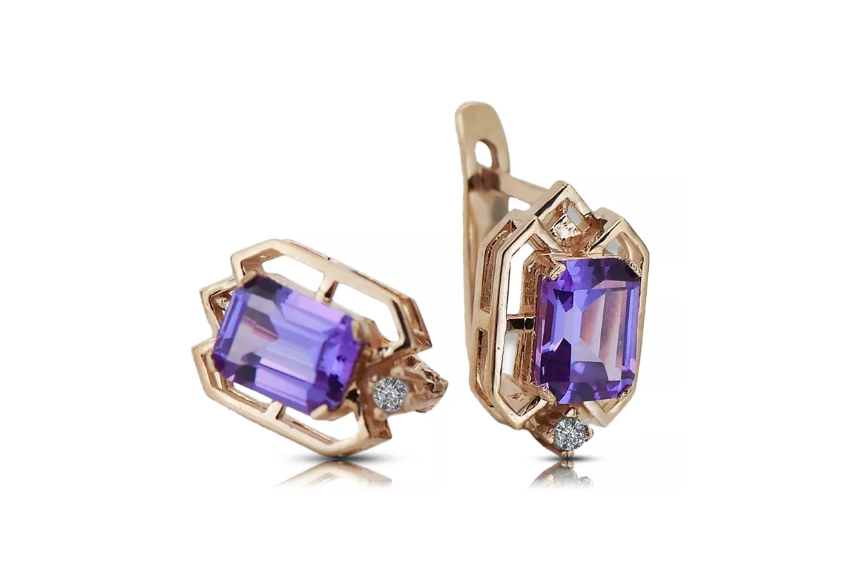 Rose pink 14k 585 gold alexandrite diamond earrings vec020r Vintage Russian Soviet style Rose pink 14k 585 gold alexandrite diamond earrings vec020r Vintage Russian Soviet style