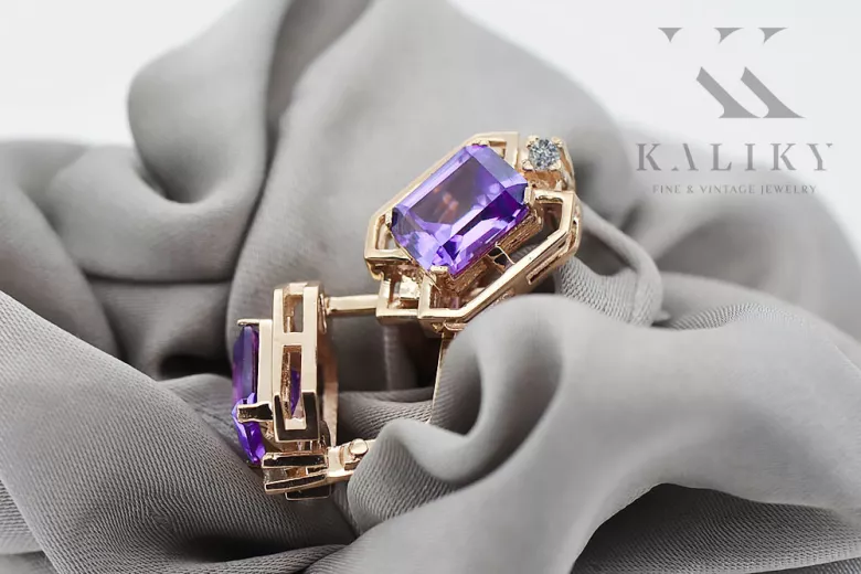 Kolczyki z różowego czerwonego 14k złota 585 z aleksandrytem i brylantem vec020r Vintage