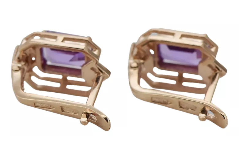 Rose pink 14k 585 gold alexandrite diamond earrings vec020r Vintage Russian Soviet style