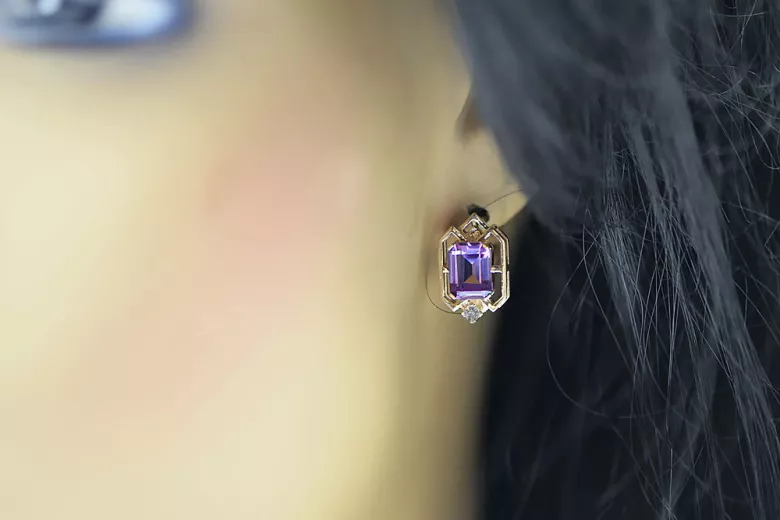 Rose pink 14k 585 gold alexandrite diamond earrings vec020r Vintage Russian Soviet style