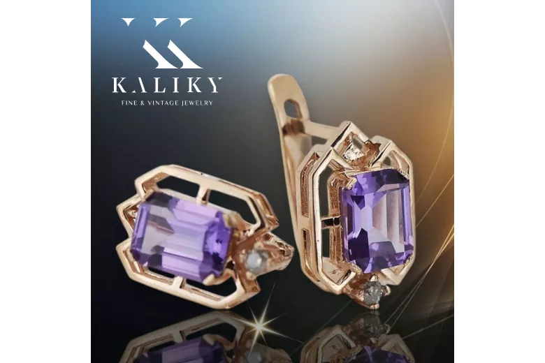 Ροζ ροζ 14k 585 χρυσό αλεξανδρίτης διαμαντένια σκουλαρίκια vec020r Βίντεζ Ρωσικό σοβιετικό στυλ
