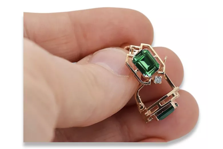 Kolczyki Vintage Biżuteria z różowego 14k złota 585 ze szmaragdem i diamentem vec020r