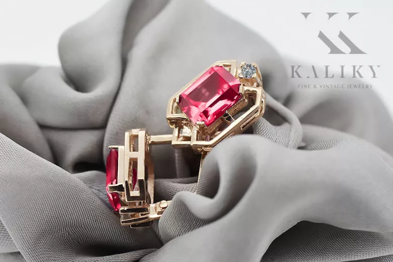 Ruby diamonds Vintage Earrings craft Original 14K Rose Gold vec020r