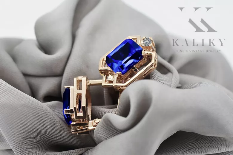 Sapphire diamonds Vintage Earrings craft Original 14K Rose Gold vec020r