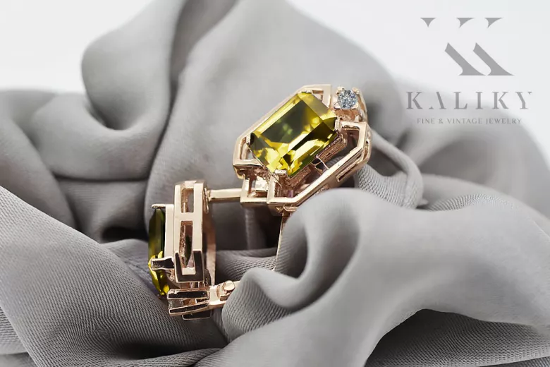 Yellow peridot diamonds Vintage Earrings craft Original 14K Rose Gold vec020r