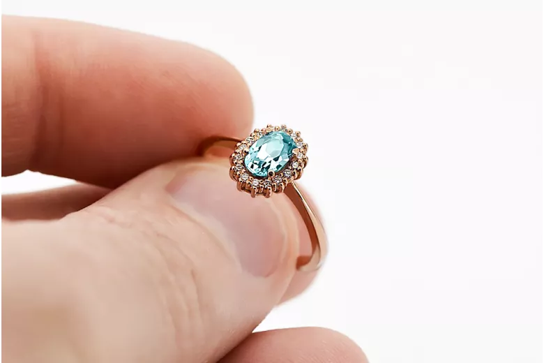 Anneau Artisanat vintage Aigue-marine Or rose 14 carats vintage d'origine crc009r