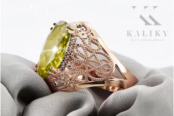 Пръстен Жълт перидот Оригинално ретро 14k розово злато Винтидж крафт vrc074r