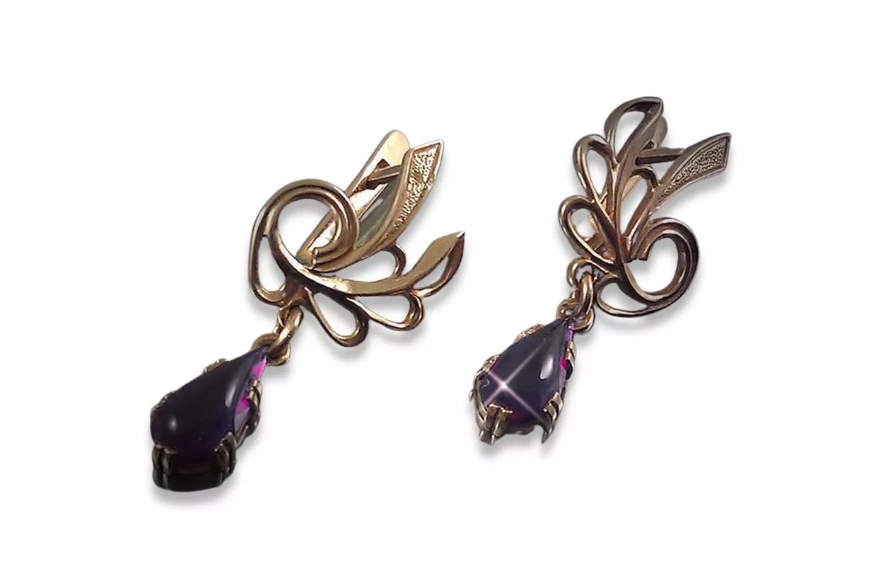 Vintage rose pink 14k 585 gold earrings vec097 alexandrite ruby emerald sapphire ...
