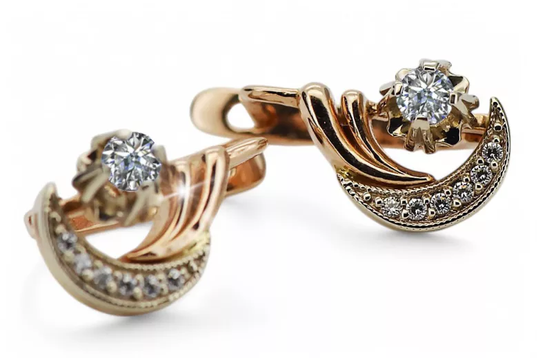 Rose pink white 14k gold585 diamond earrings ved093rw Vintage Russian Soviet style