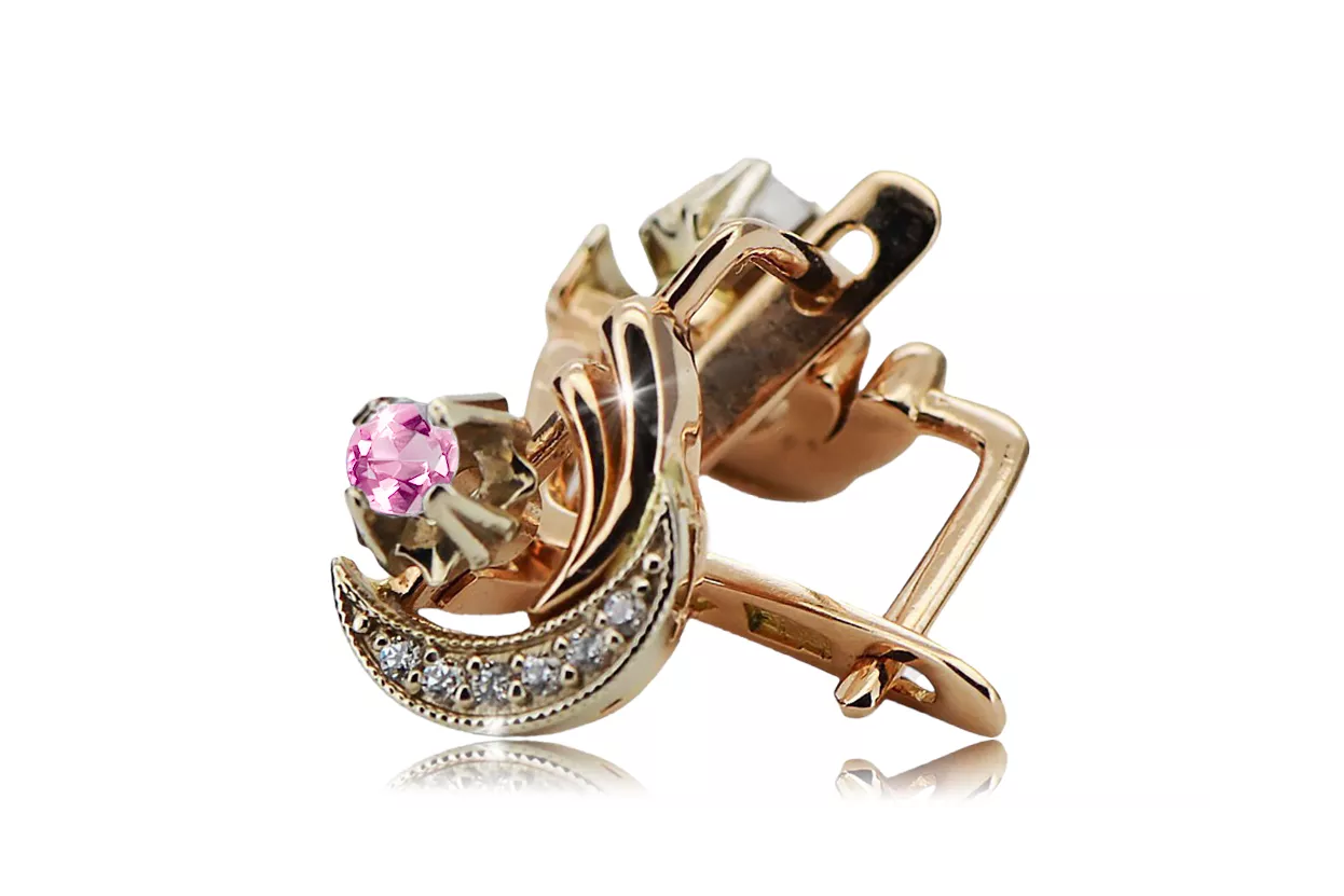 Rose white 14K gold 585 amethyst diamonds earrings ved093rw-am Russian Soviet Vintage style