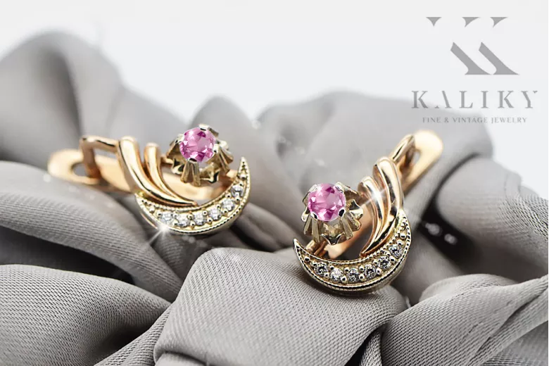 Rose white 14K gold 585 amethyst diamonds earrings ved093rw-am Russian Soviet Vintage style