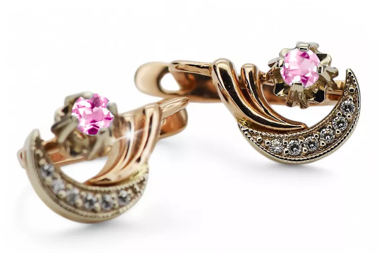 Rose white 14K gold 585 amethyst diamonds earrings ved093rw-am Russian Soviet Vintage style
