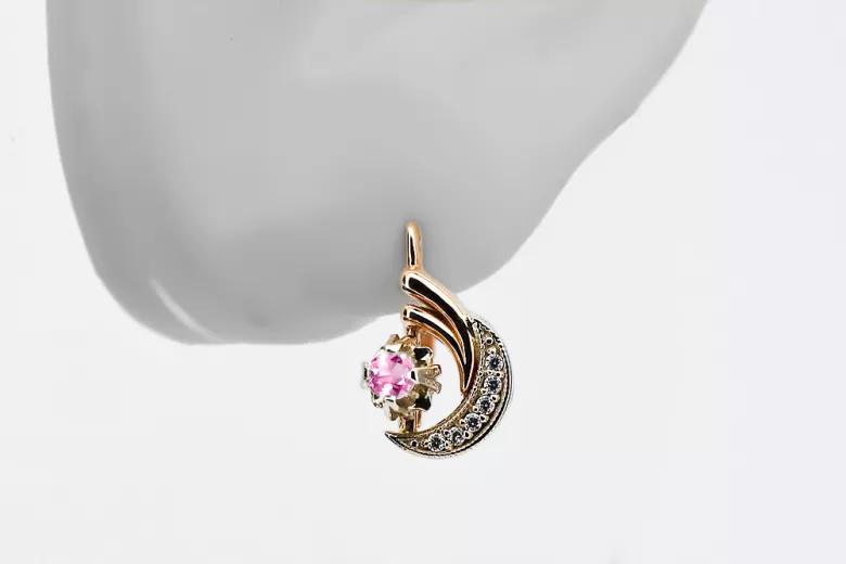 Rose white 14K gold 585 amethyst diamonds earrings ved093rw-am Russian Soviet Vintage style