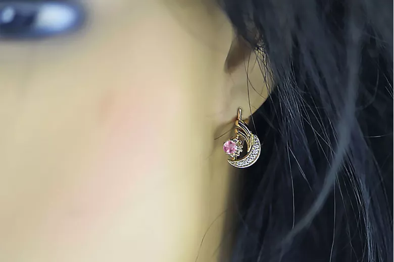 Rose white 14K gold 585 amethyst diamonds earrings ved093rw-am Russian Soviet Vintage style
