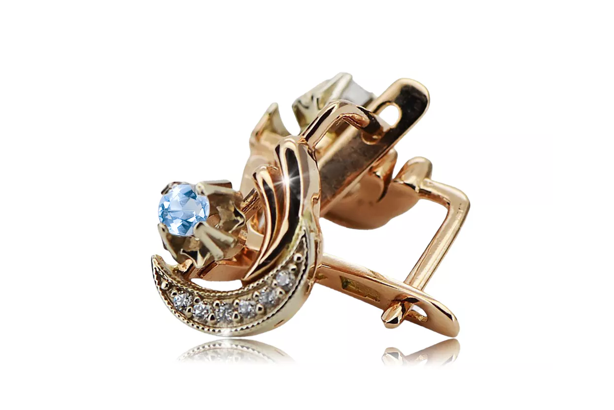 Russe 14K Rose Blanc Or Boucles d'oreilles Diamants Or Aquamarine Russe style Vintage ved093rw-aq
