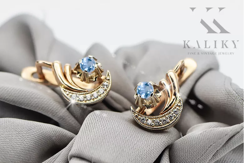 Russian 14K Rose White Gold Aquamarine diamonds earrings Russian Soviet Vintage style ved093rw-aq