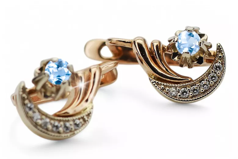 Russian 14K Rose White Gold Aquamarine diamonds earrings Russian Soviet Vintage style ved093rw-aq
