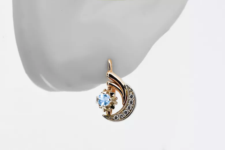 Russian 14K Rose White Gold Aquamarine diamonds earrings Russian Soviet Vintage style ved093rw-aq