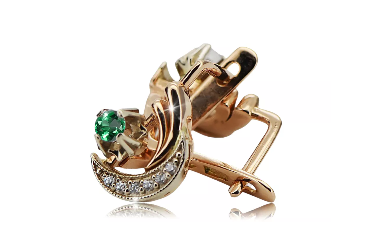Ruso 14K Rose blanco oro pendientes diamantes de esmeralda ruso estilo vintage ved093rw-em