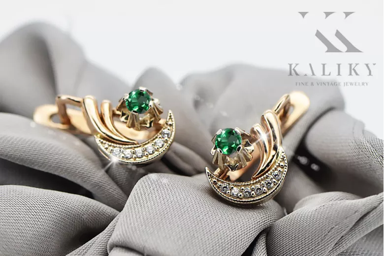 Ruso 14K Rose blanco oro pendientes diamantes de esmeralda ruso estilo vintage ved093rw-em