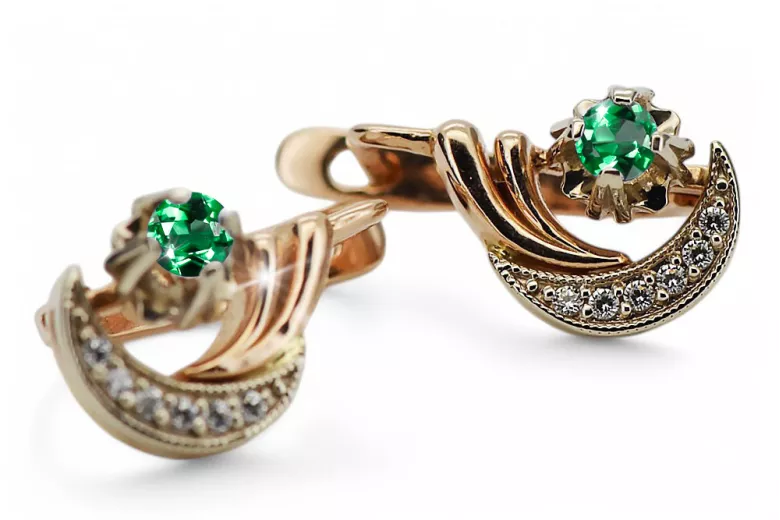 Ruso 14K Rose blanco oro pendientes diamantes de esmeralda ruso estilo vintage ved093rw-em