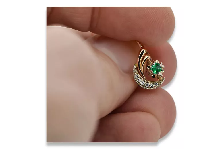 Ruso 14K Rose blanco oro pendientes diamantes de esmeralda ruso estilo vintage ved093rw-em