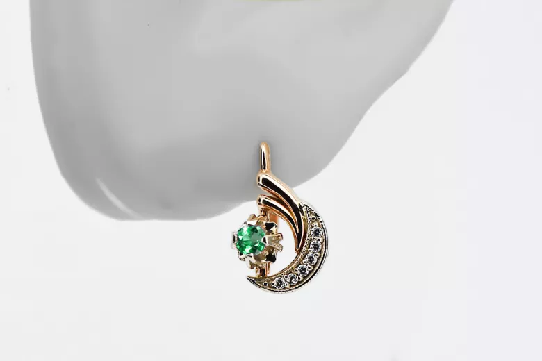 Ruso 14K Rose blanco oro pendientes diamantes de esmeralda ruso estilo vintage ved093rw-em