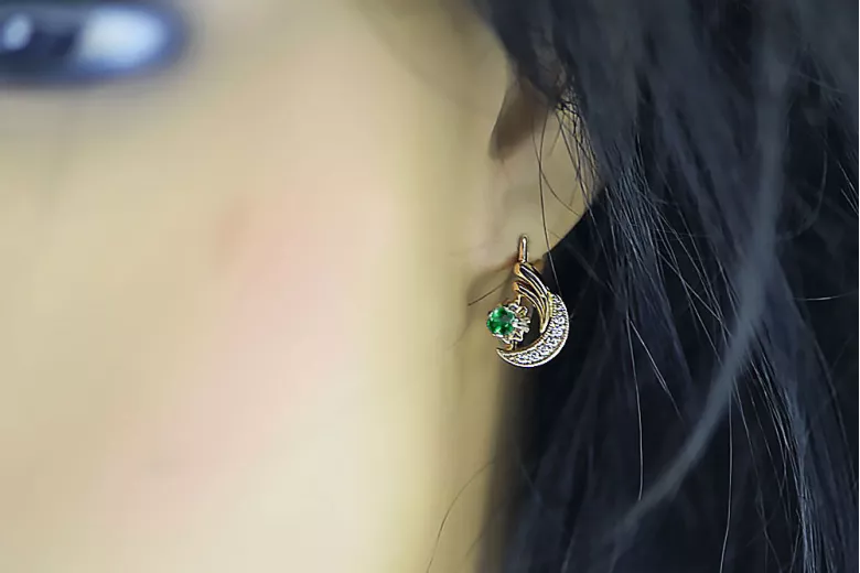 Ruso 14K Rose blanco oro pendientes diamantes de esmeralda ruso estilo vintage ved093rw-em