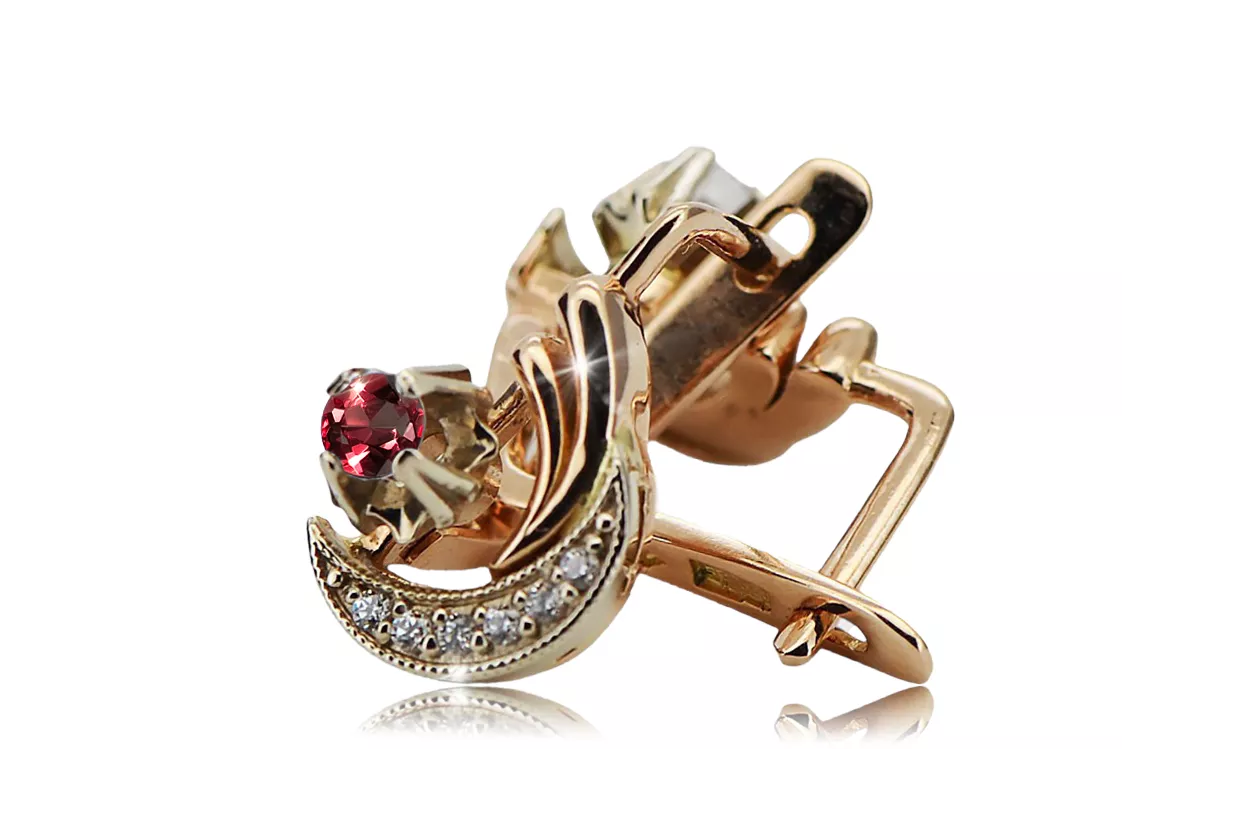 Russian 14K Rose White Gold Ruby diamonds earrings Russian Soviet Vintage style ved093rw-rb