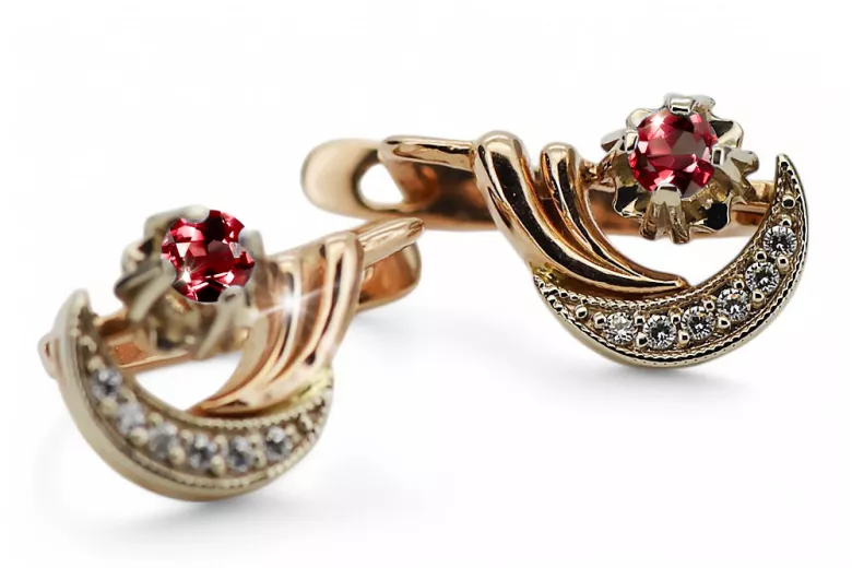 Russian 14K Rose White Gold Ruby diamonds earrings Russian Soviet Vintage style ved093rw-rb